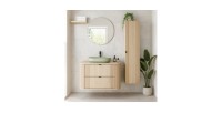 Ensemble meuble sous vasque, plan vasque, vasque à poser verte et colonne de rangement KORI mis en situation