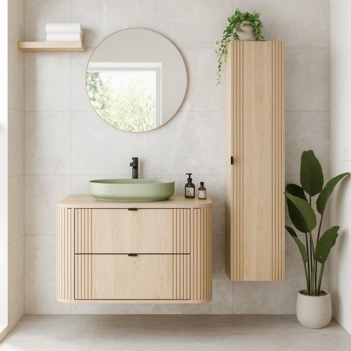 Ensemble meuble sous vasque, plan vasque, vasque à poser verte et colonne de rangement KORI mis en situation