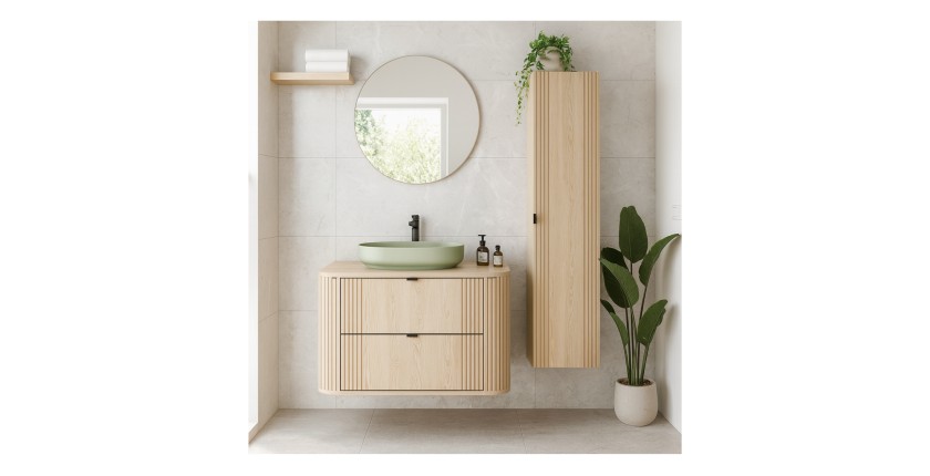 Ensemble meuble sous vasque, plan vasque, vasque à poser verte et colonne de rangement KORI mis en situation