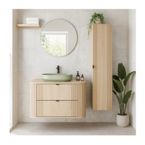 Ensemble meuble sous vasque, plan vasque, vasque à poser verte et colonne de rangement KORI mis en situation