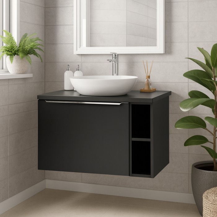Ensemble meubles sous vasque 80cm VANTA noir mis en situation