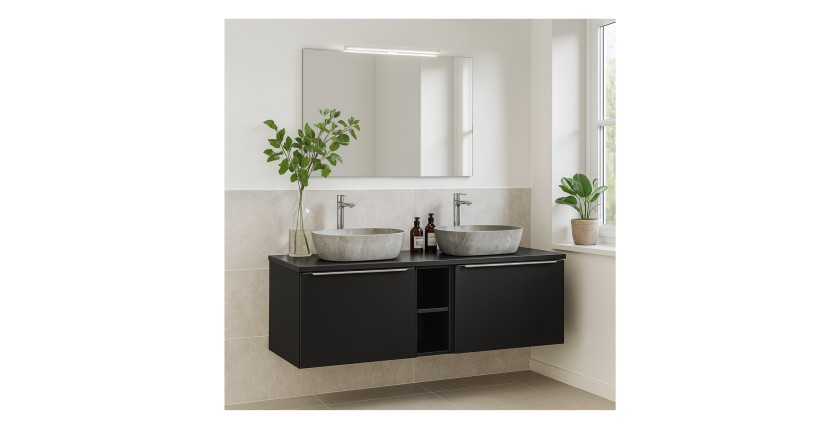 Ensemble de meubles sous vasque 180cm noir et vasques à poser grises VANTA mis en situation