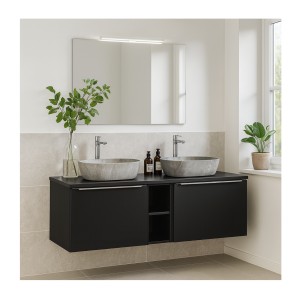Ensemble de meubles sous vasque 180cm noir et vasques à poser grises VANTA mis en situation
