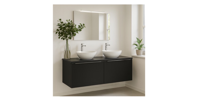 Ensemble meubles sous vasque 120cm et deux vasques blanches à poser VANTA mis en situation