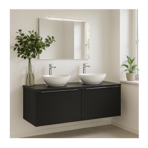 Ensemble meubles sous vasque 120cm et deux vasques blanches à poser VANTA mis en situation