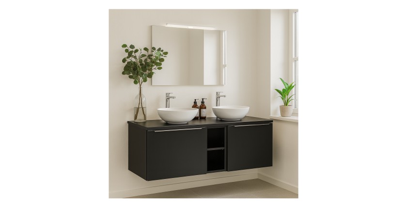 Ensemble meuble sous vasque 140cm et deux vasques blanches à poser collection VANTA mis en situation