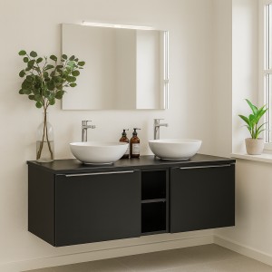 Ensemble meuble sous vasque 140cm et deux vasques blanches à poser collection VANTA mis en situation