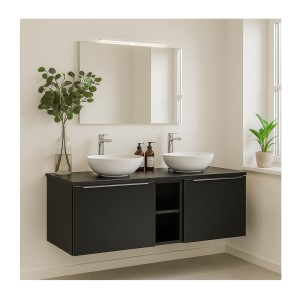 Ensemble meuble sous vasque 140cm et deux vasques blanches à poser collection VANTA mis en situation