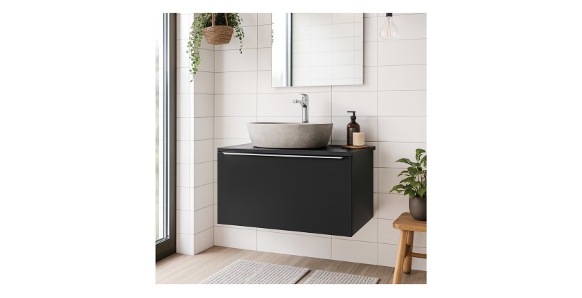 Ensemble meuble sous vasque 80cm et vasque à poser grise collection VANTA noir mis en situation