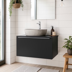 Ensemble meuble sous vasque 80cm et vasque à poser grise collection VANTA noir mis en situation