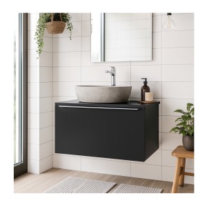 Ensemble meuble sous vasque 80cm et vasque à poser grise collection VANTA noir mis en situation