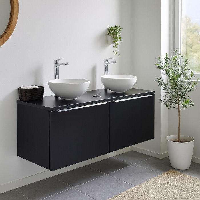 Ensemble meuble sous vasque et deux vasques à poser blanche collection VANTA noir 120cm mis en situation