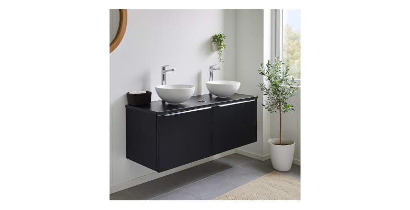 Ensemble meuble sous vasque et deux vasques à poser blanche collection VANTA noir 120cm mis en situation