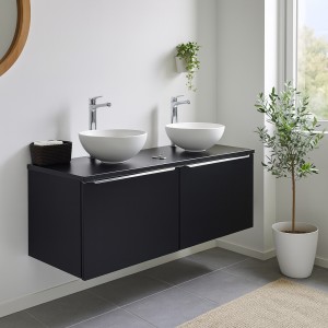 Ensemble meuble sous vasque et deux vasques à poser blanche collection VANTA noir 120cm mis en situation