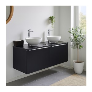 Ensemble meuble sous vasque et deux vasques à poser blanche collection VANTA noir 120cm mis en situation