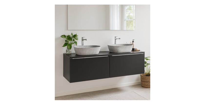 Ensemble meubles sous vasque 160cm avec deux vasques à poser grises collection VANTA noir mis en situation