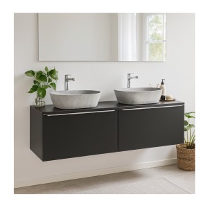 Ensemble meubles sous vasque 160cm avec deux vasques à poser grises collection VANTA noir mis en situation