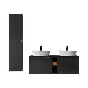 Ensemble meubles sous vasque, vasques à poser blanches et colonne de rangement collection VANTA