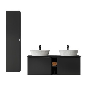 Ensemble meubles sous vasque, vasques à poser blanches et colonne de rangement collection VANTA