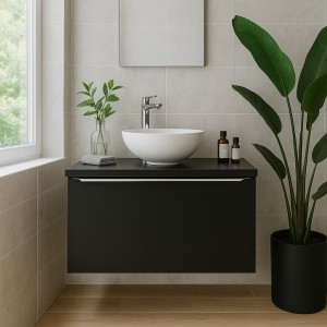 Ensemble meuble sous vasque 60cm et vasque blanche à poser collection VANTA mis en situation