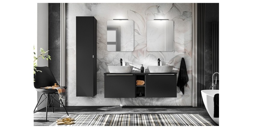 Ensemble meubles sous vasque, deux vasques à poser blanche et une colonne de rangement collection VANTA noir mis en situation