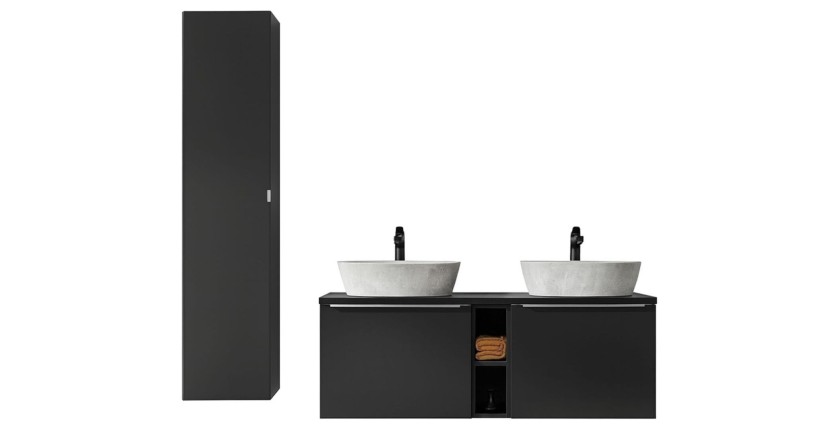 Ensemble meubles sous vasque, plan vasque, deux vasques à poser blanche et une colonne de rangement collection VANTA noir