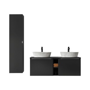 Ensemble meubles sous vasque, plan vasque, deux vasques à poser blanche et une colonne de rangement collection VANTA noir