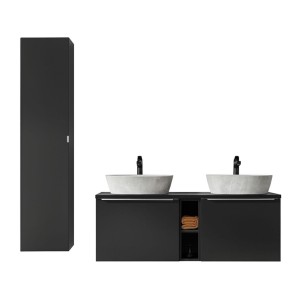 Ensemble meubles sous vasque, plan vasque, deux vasques à poser blanche et une colonne de rangement collection VANTA noir