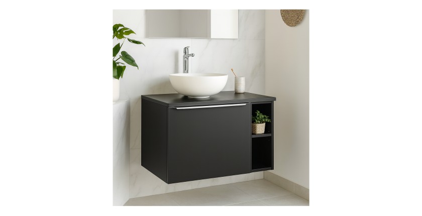 Ensemble meuble sous vasque et vasque à poser blanche collection VANTA noir mis en situation