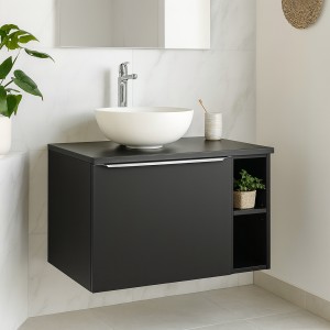 Ensemble meuble sous vasque et vasque à poser blanche collection VANTA noir mis en situation