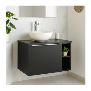 Ensemble meuble sous vasque et vasque à poser blanche collection VANTA noir mis en situation