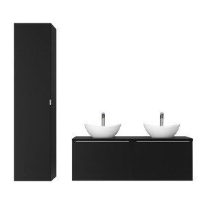 Ensemble meuble sous vasque, deux vasques à poser blanche et colonne de rangement VANTA