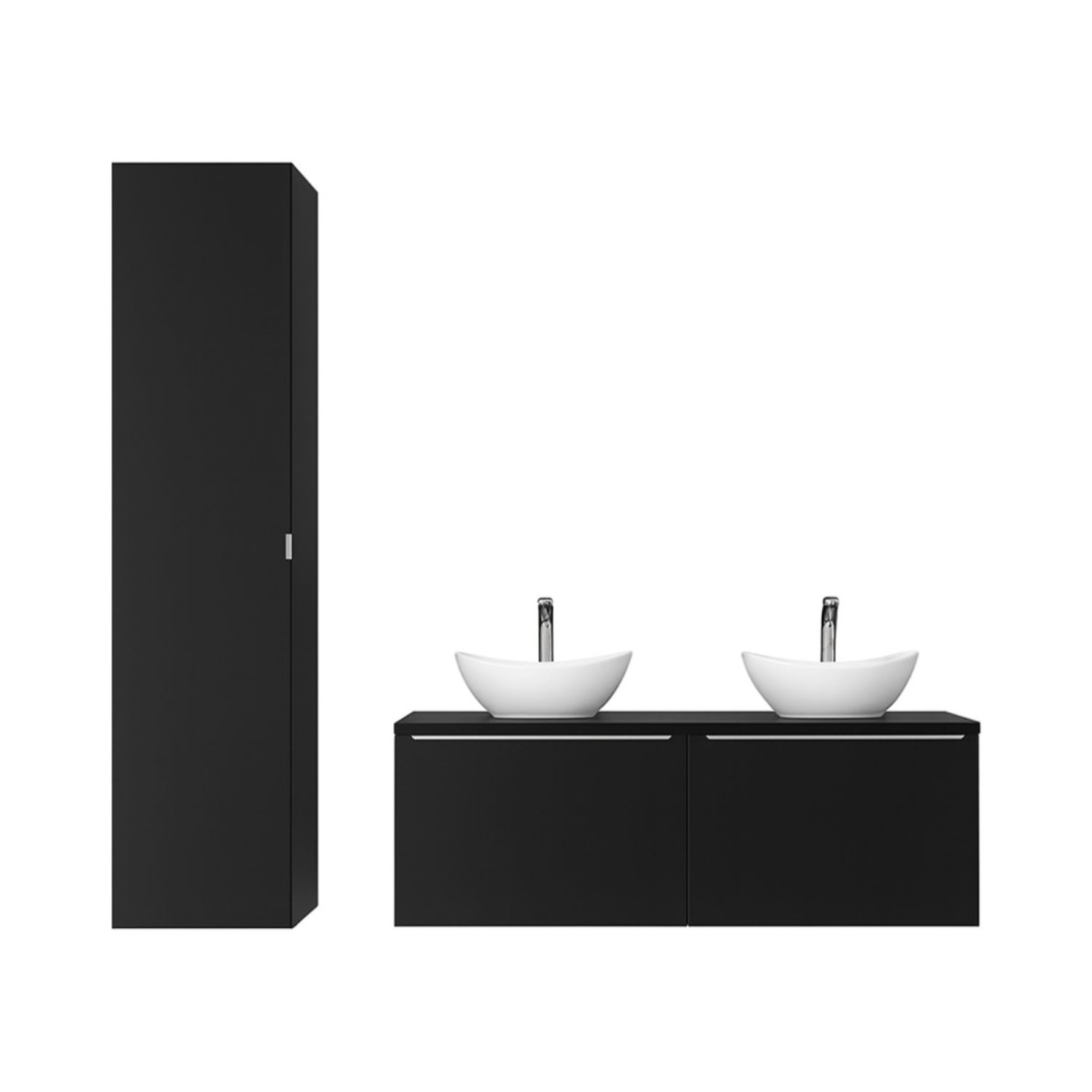 Ensemble meuble sous vasque, deux vasques à poser blanche et colonne de rangement VANTA