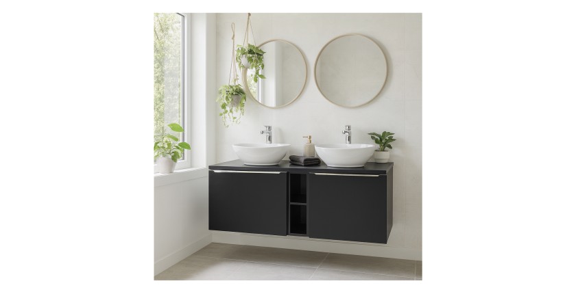 Ensemble meuble sous vasque 140cm, plan vasque et deux vasques blanches à poser collection VANTA mis en situation
