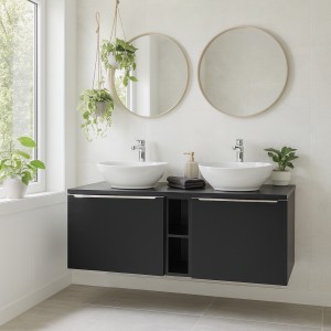 Ensemble meuble sous vasque 140cm, plan vasque et deux vasques blanches à poser collection VANTA mis en situation