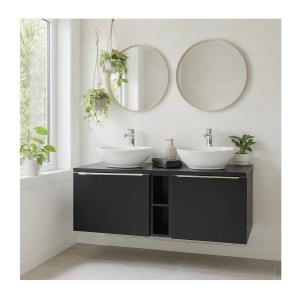 Ensemble meuble sous vasque 140cm, plan vasque et deux vasques blanches à poser collection VANTA mis en situation