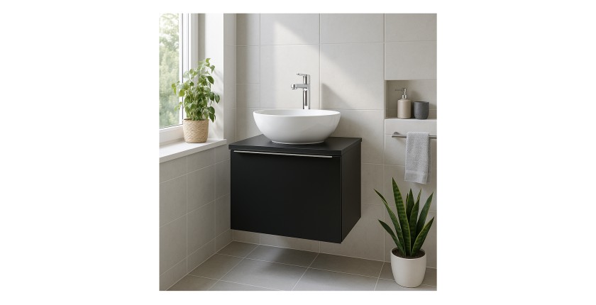 Ensemble meuble sous vasque 60cm, plan vasque et vasque blanche à poser collection VANTA mis en situation