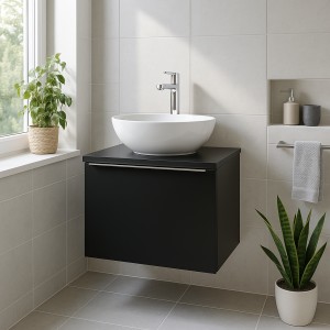 Ensemble meuble sous vasque 60cm, plan vasque et vasque blanche à poser collection VANTA mis en situation