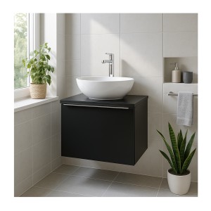 Ensemble meuble sous vasque 60cm, plan vasque et vasque blanche à poser collection VANTA mis en situation