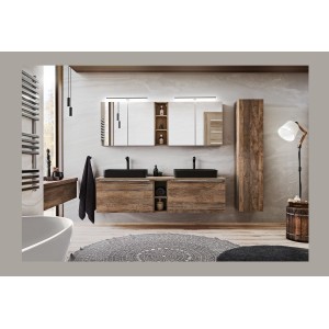 Colonne salle de bain VANTA chêne foncé 160 cm – Meuble suspendu avec porte, tiroir et étagères