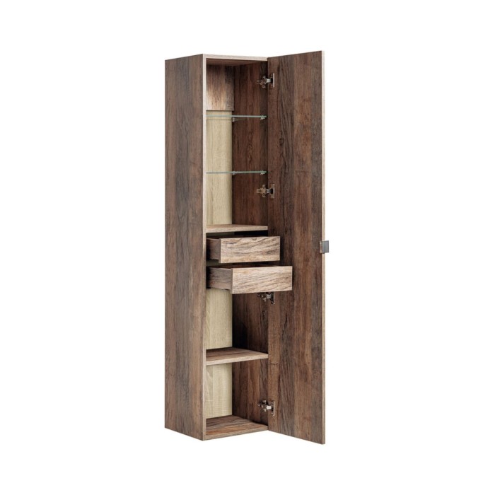 Colonne badkamer VANTA donker eiken 160 cm – Hangend meubel met deur, lade en planken