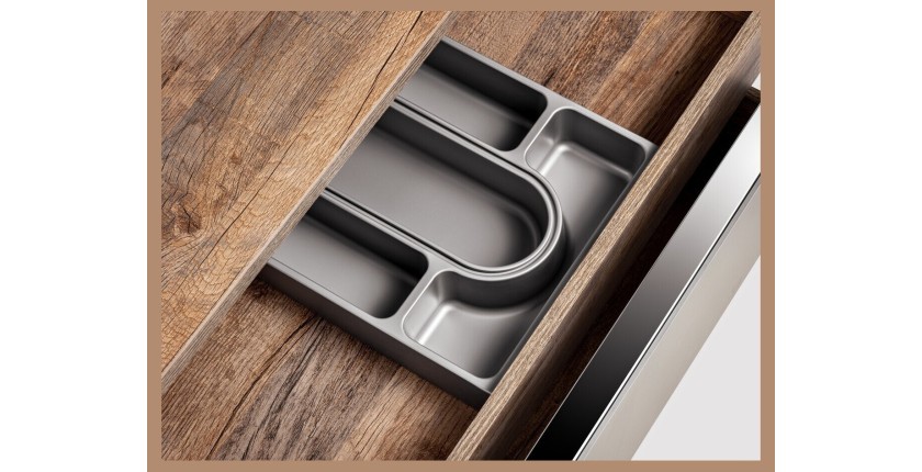 Vu sur le tiroir ouvert du meuble sous vasque VANTA taupe 60cm