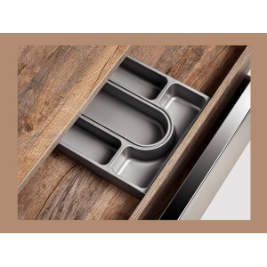 Vu sur le tiroir ouvert du meuble sous vasque VANTA taupe 60cm