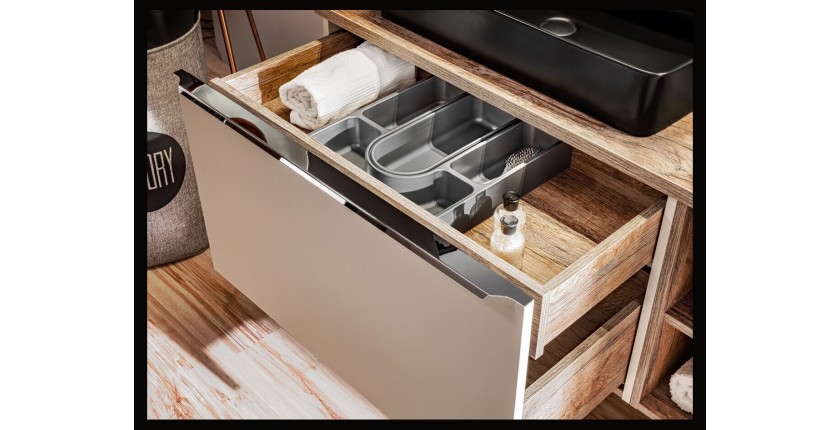 Zoom sur l'ouverture du meuble sous vasque VANTA taupe 80cm
