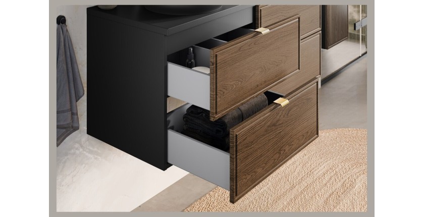 Zoom sur les tiroirs ouverts, vu de côté, du meuble sous vasque SAVIA 60cm