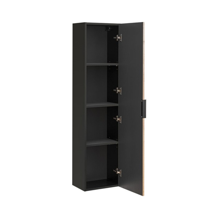 Badkamerkolom KINOKO – 1 deur – Afwerking met natuurlijk houteffect en zwarte lamellen – L35 × B25 × H140 cm – Om op te hangen