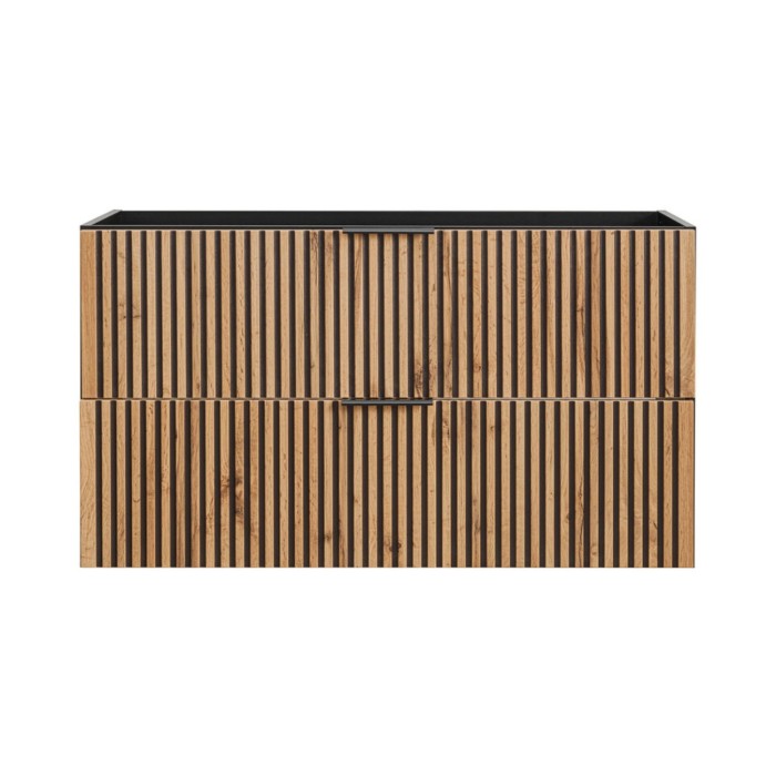 Mobile sottolavabo KINOKO – 2 cassetti – Finitura doghe di legno naturale e nero – L100 × P46 × H57 cm – Da appendere