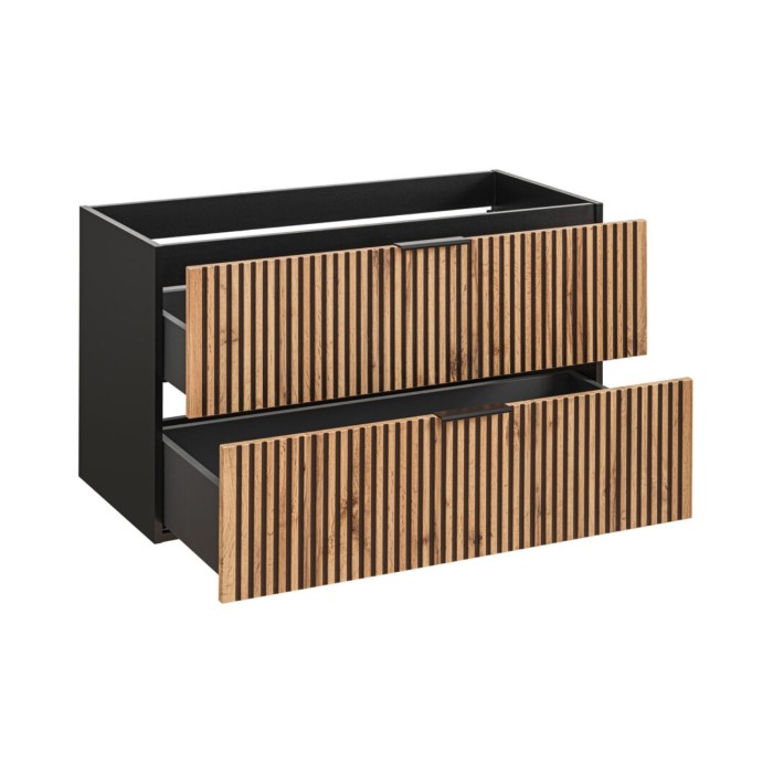 Mobile sottolavabo KINOKO – 2 cassetti – Finitura doghe di legno naturale e nero – L100 × P46 × H57 cm – Da appendere