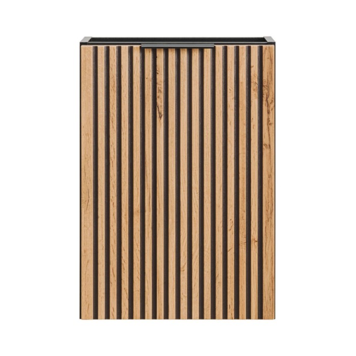 Pequeño mueble bajo lavabo KINOKO – 1 puerta – Acabado en listones de madera natural y negro – L40 × P22 × H57 cm – Para colgar