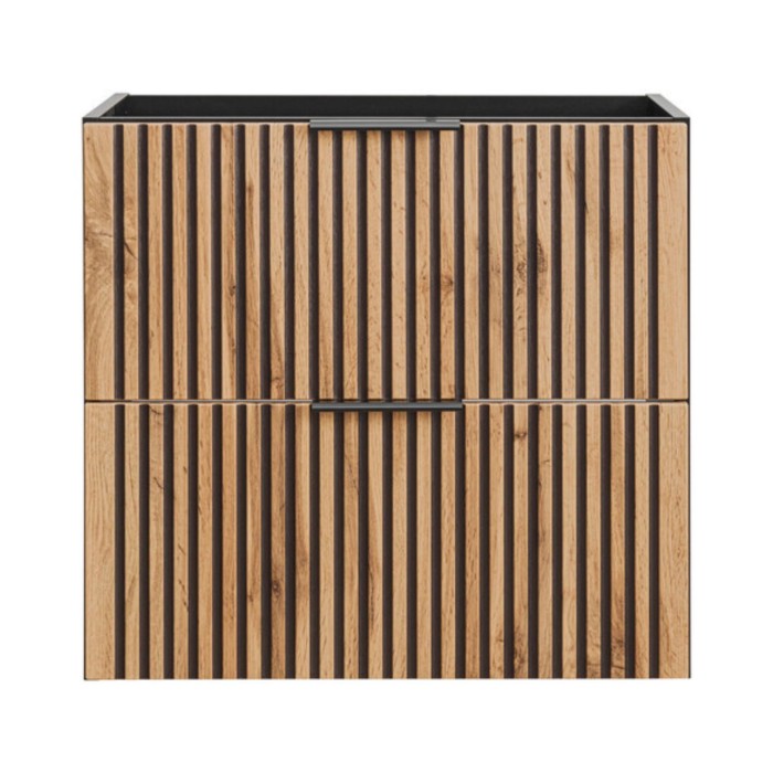 Mobile sottolavabo KINOKO – 2 cassetti – Finitura a doghe in legno naturale e nero – L60 × P46 × H57 cm – Da appendere